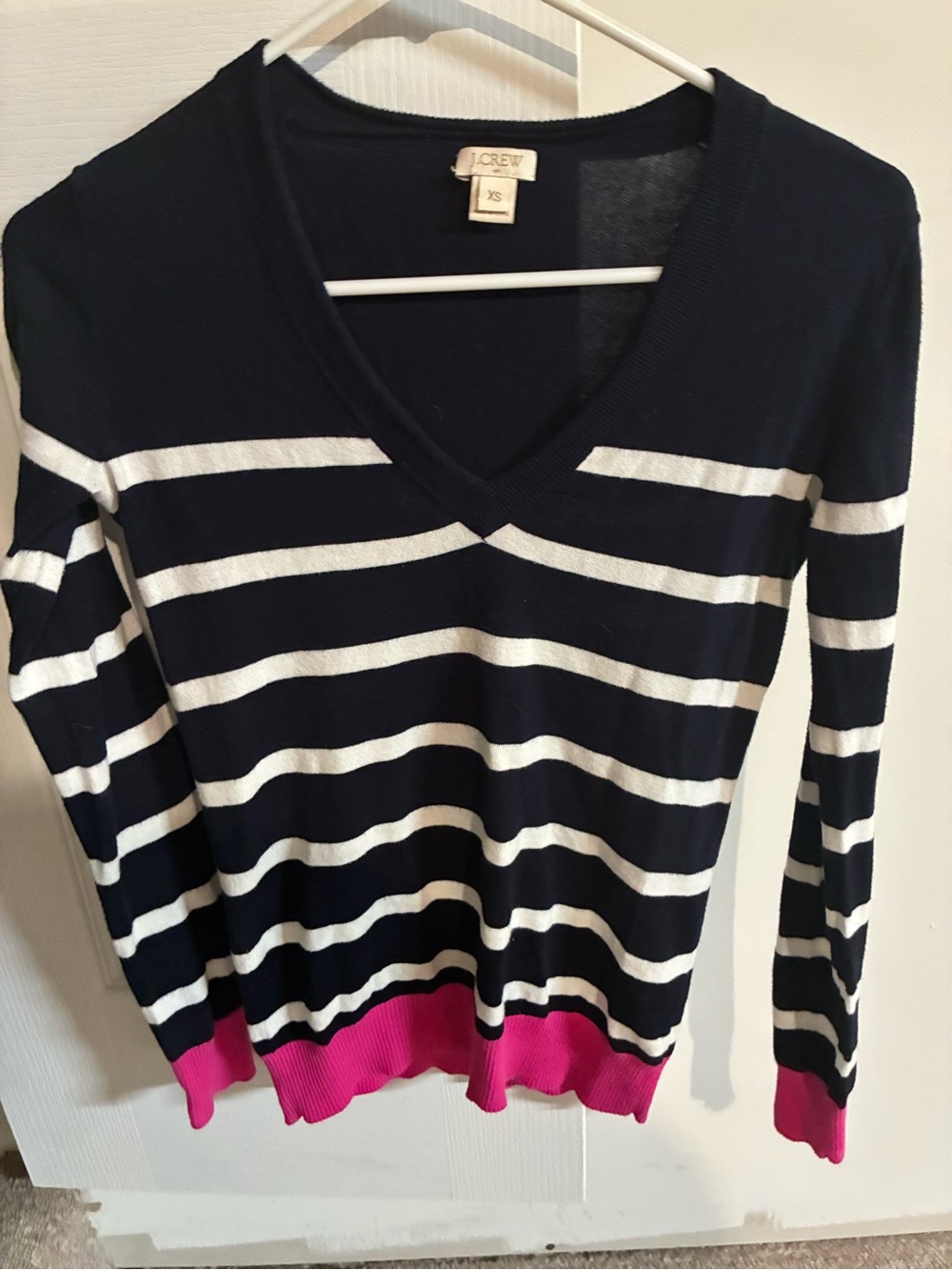 J. Crew Navy, White & Pink Striped V-Neck Sweater